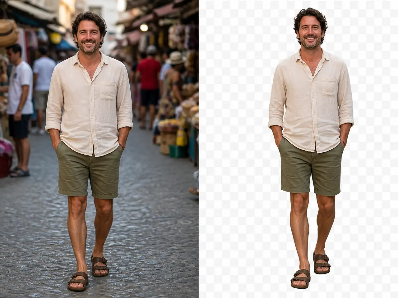 Before and after background removal example for a character portrait