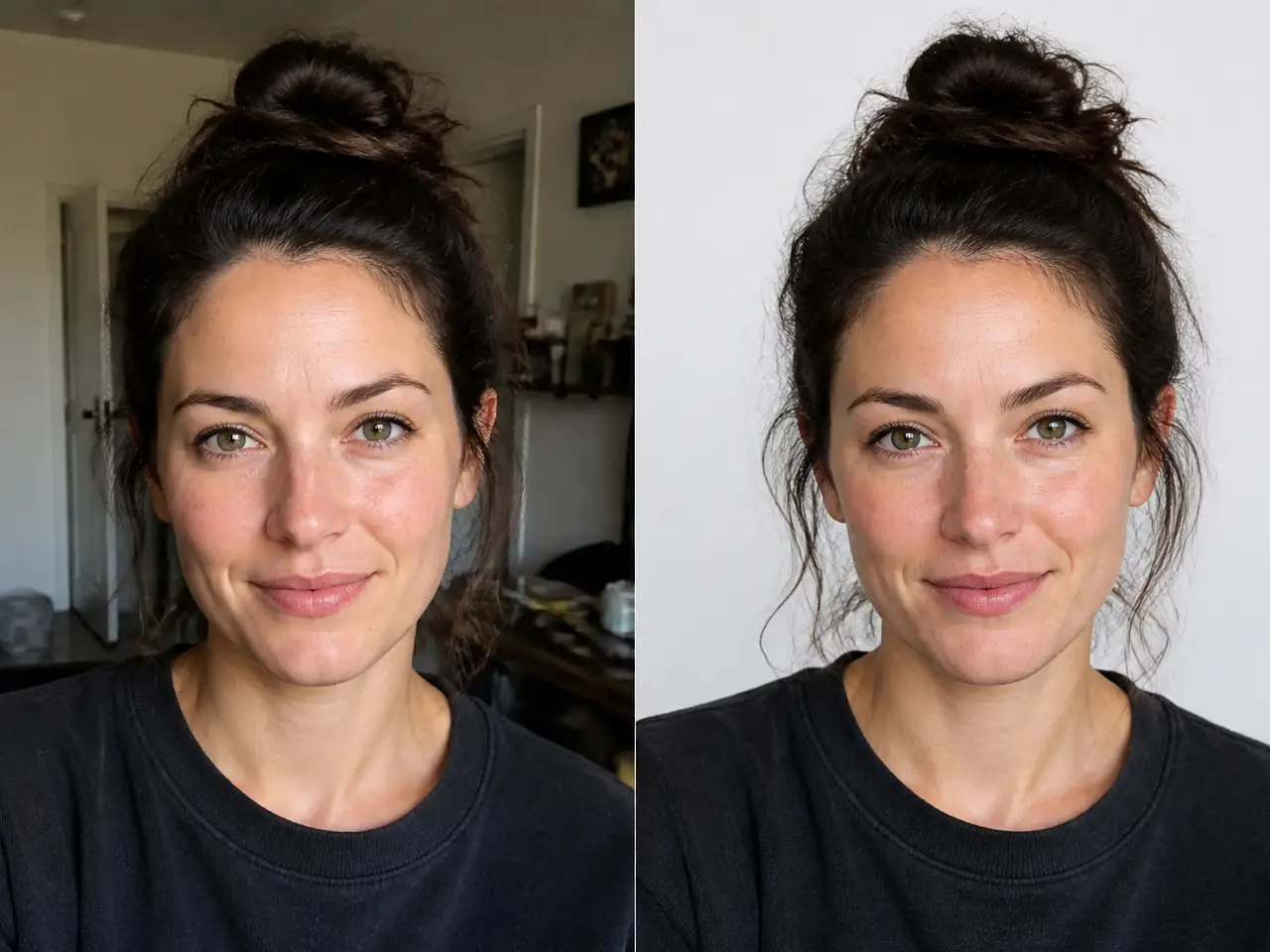 Before and after background removal example for a creator portrait