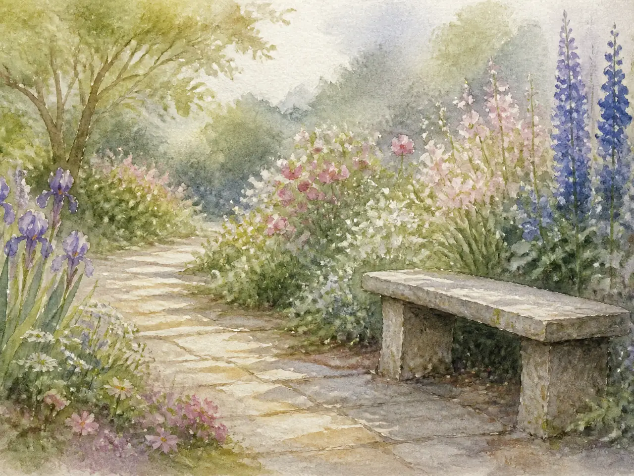 Garden scene converted into a watercolor painting