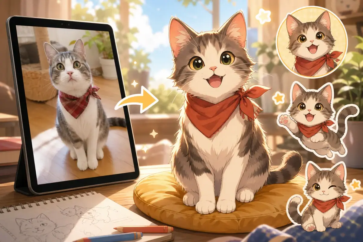 Cat photo converted into anime mascot art