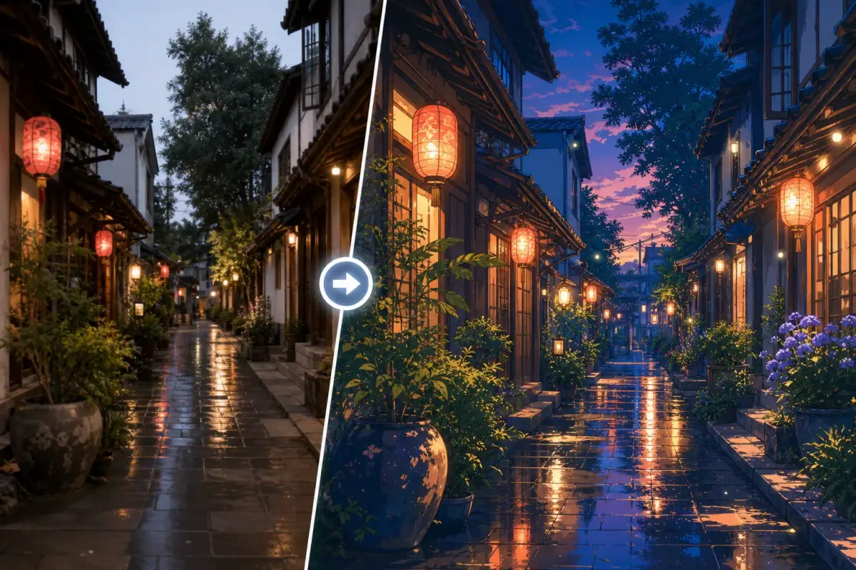 Rainy alley converted into anime background art