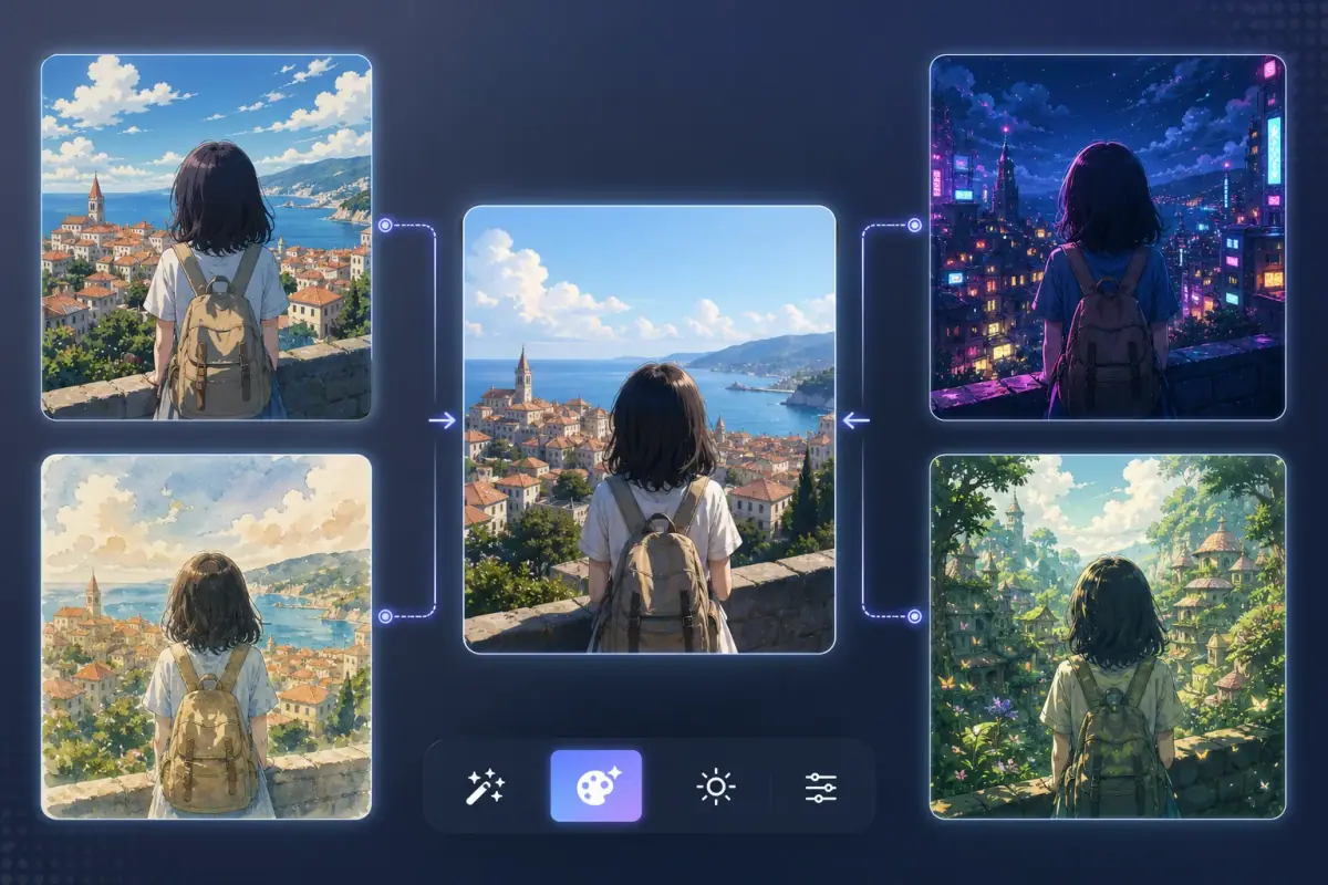 Travel photo transformed into anime style grid