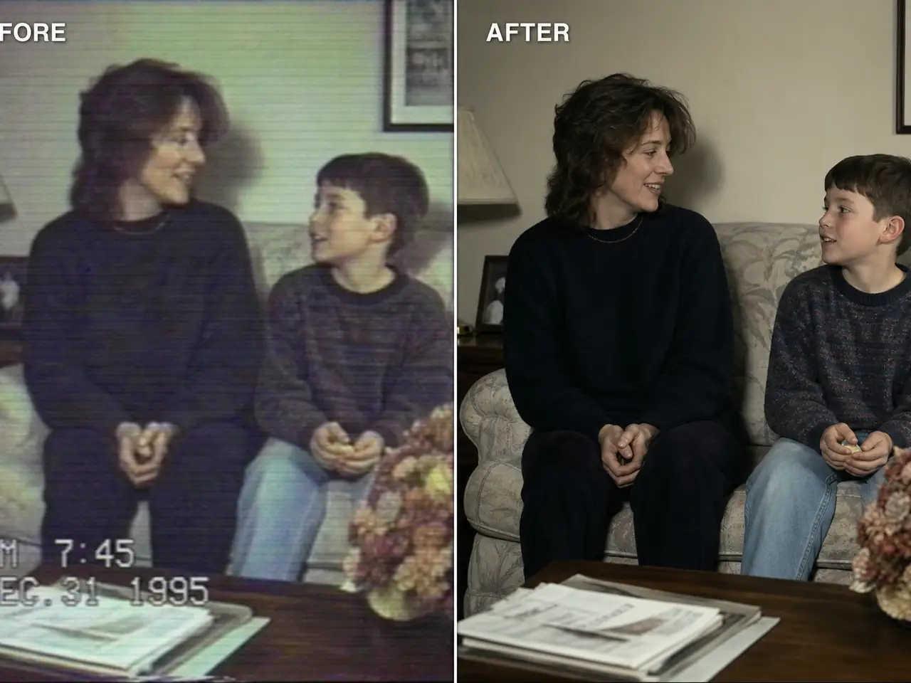 Before and after poster for an old video restored with AI