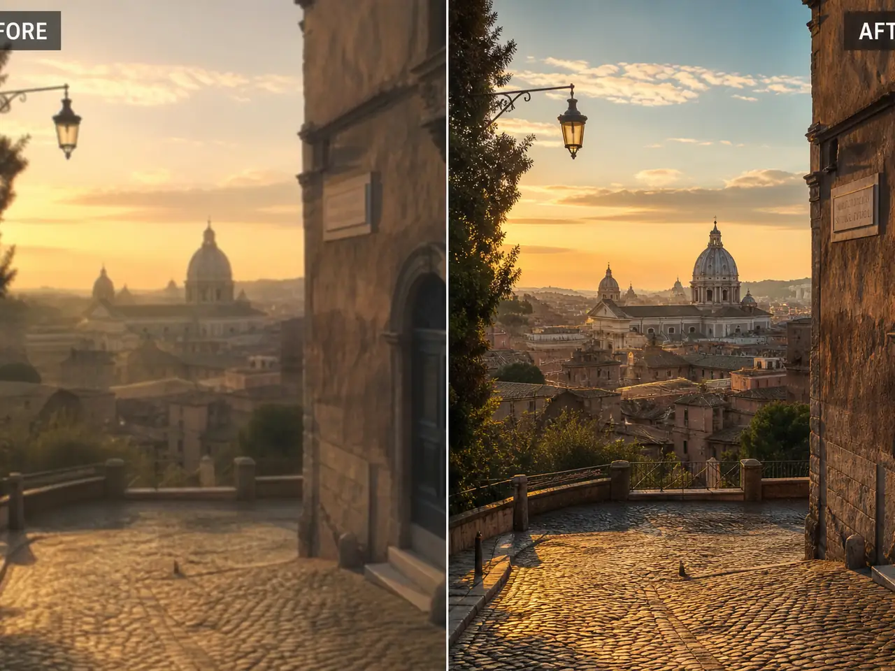 Before and after poster for travel footage enhanced with AI