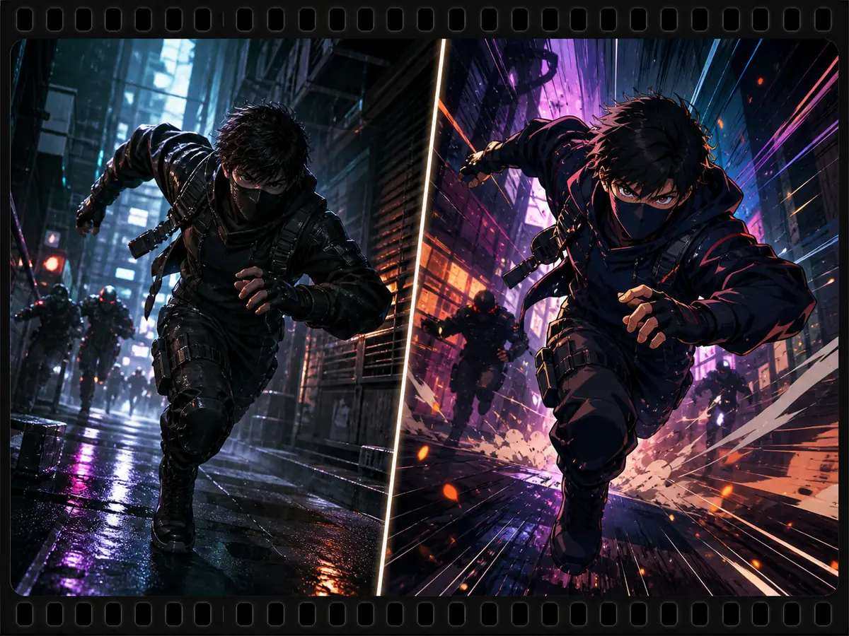 Póster antes y después de metraje de acción convertido a estilo anime