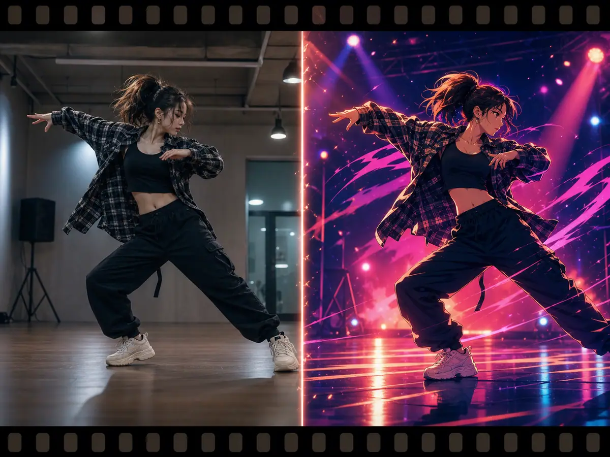 Póster antes y después de un video de baile convertido a estilo anime