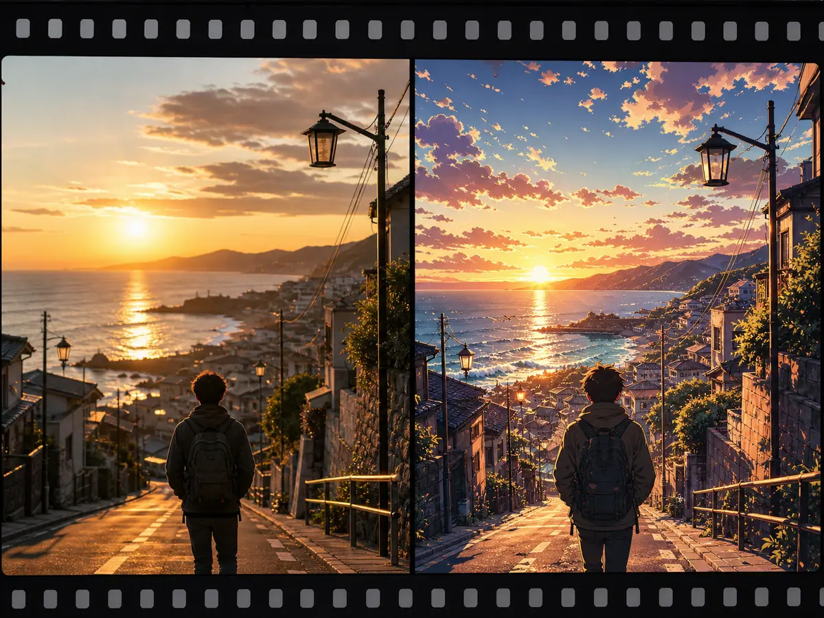 Póster antes y después de un video de viaje convertido en escenario anime